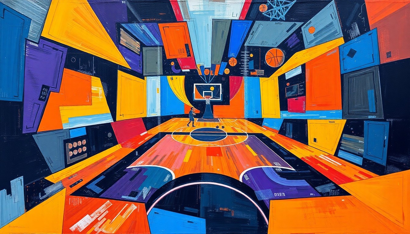 A fractured, multi-perspective painting in bold, vibrant colors, breaking down a basketball game into sharp, overlapping geometric planes, conceptually representing the controversy surrounding the Washington Wizards' April Fools' prank.