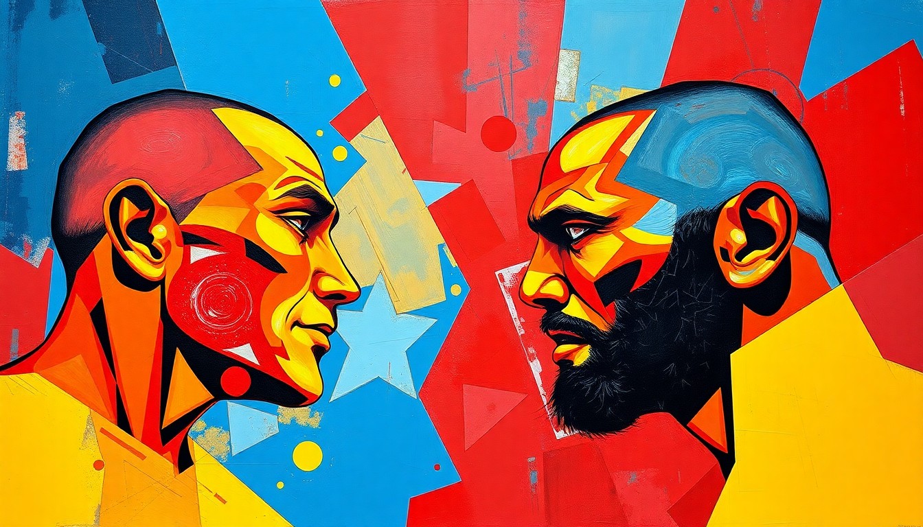 A fractured, geometric painting in vibrant colors depicting the action and intensity of a UFC title fight, with the combatants' forms broken down into sharp, overlapping planes.