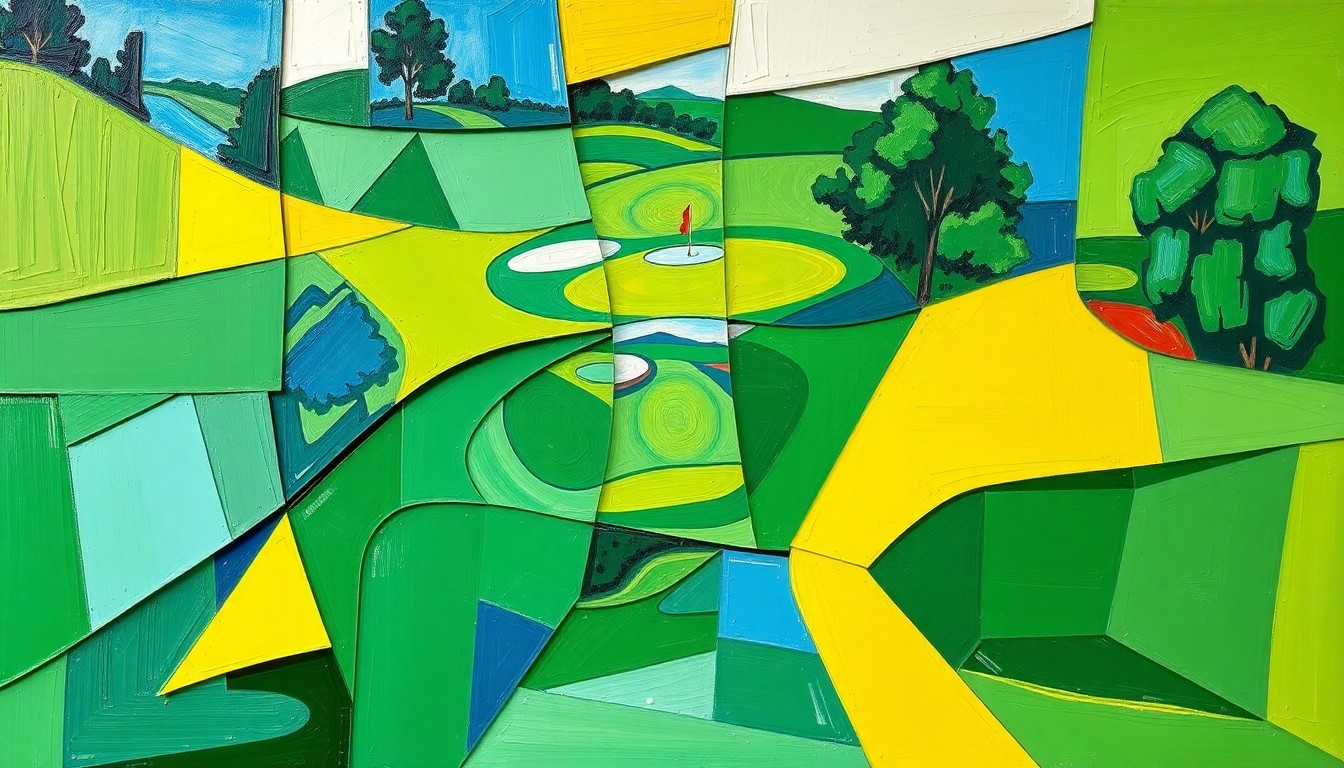 A cubist-style painting depicting a golf tournament, with the course, players, and scoreboard broken down into sharp, overlapping geometric shapes in vibrant colors of green, blue, and yellow.