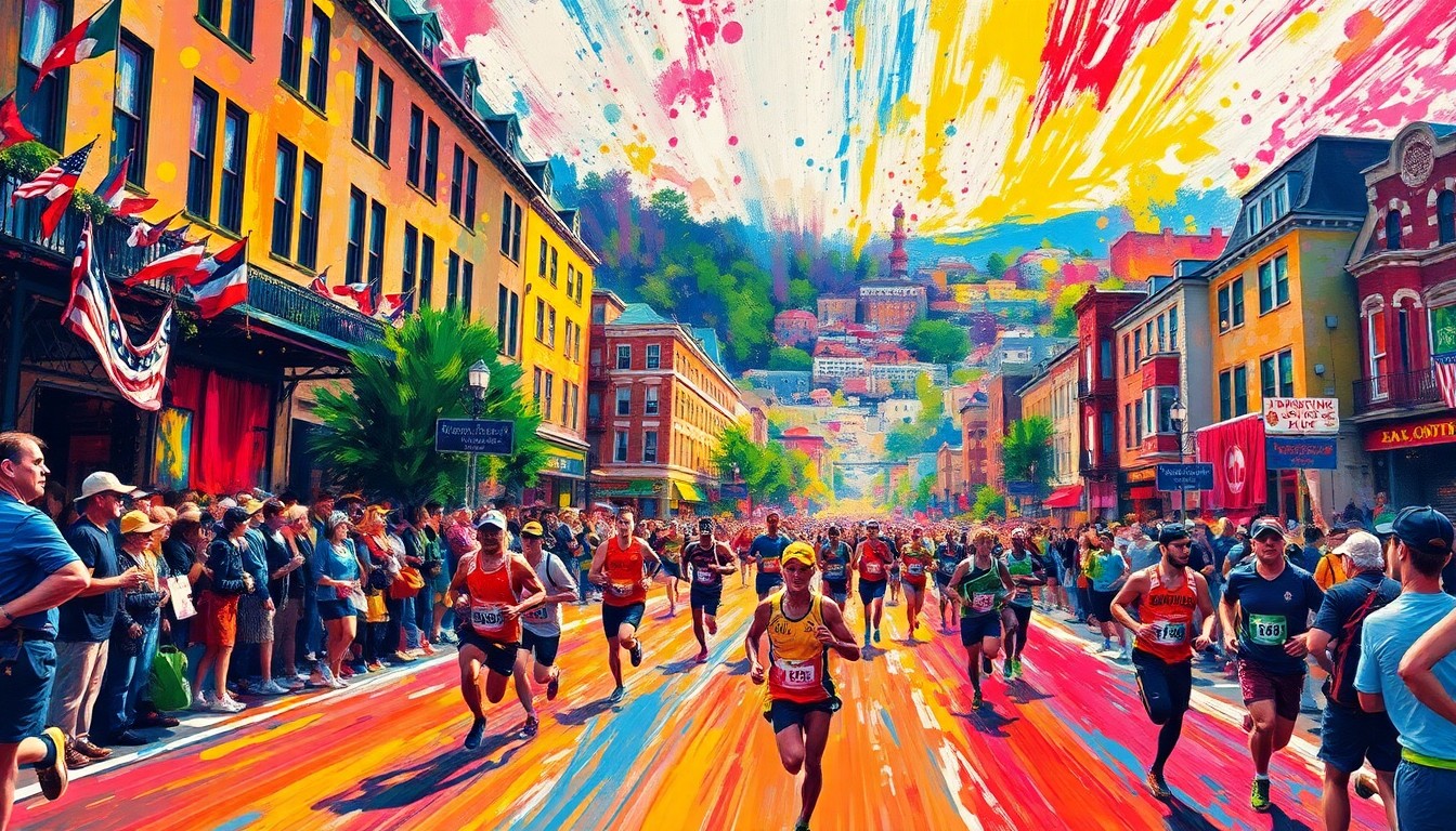 An abstract expressionist painting in vibrant neon colors, capturing the dynamic motion and energy of runners racing through the streets of Scranton, with the hilly terrain and cheering crowds blending into a blur of movement.