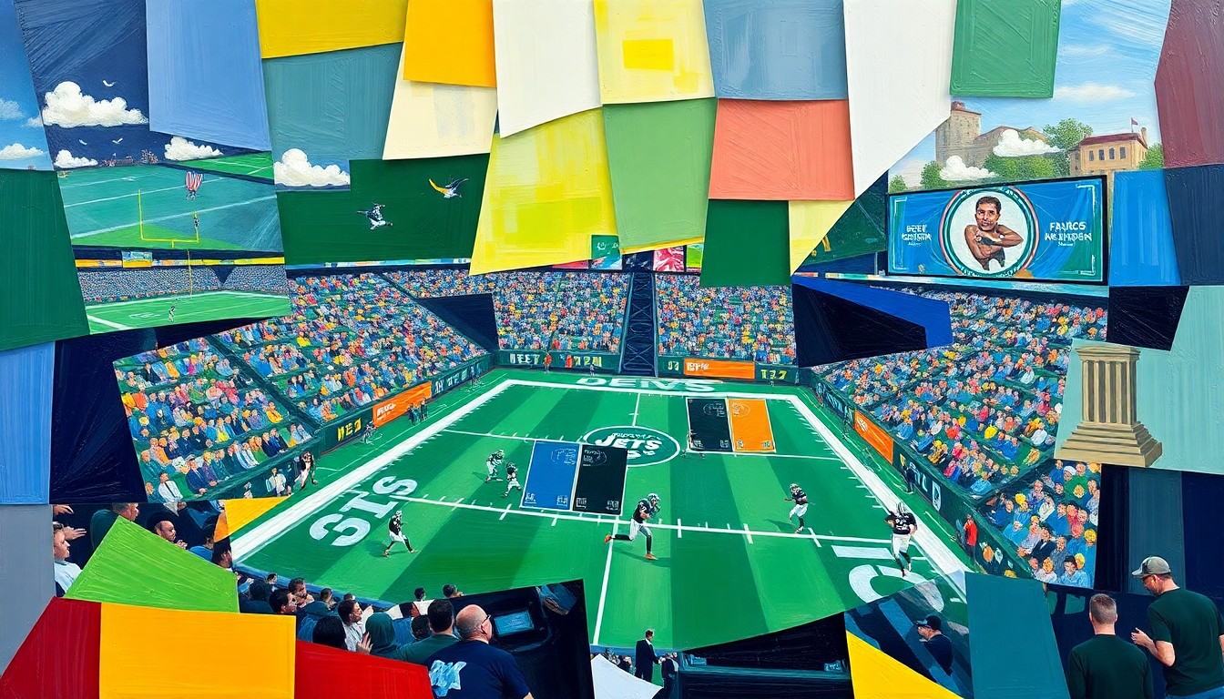 A cubist, geometric painting depicting fragmented and overlapping shapes in the Jets' official colors, representing the team's strategic approach to the 2026 NFL Draft.