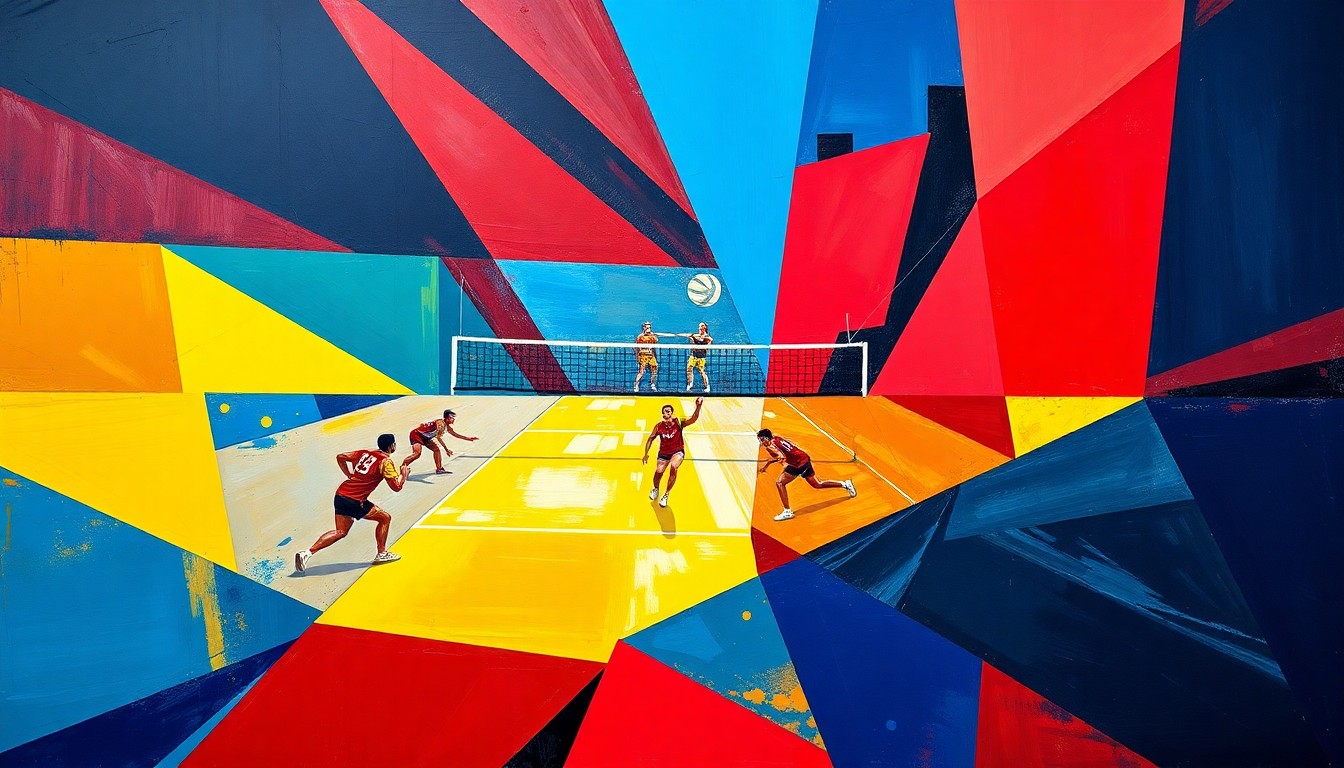 A fractured, multi-perspective painting in bold, geometric shapes and colors, conceptually representing the energy and action of a volleyball match.