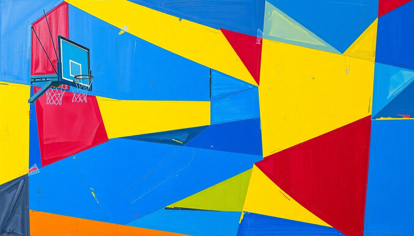 A cubist, geometric painting depicting a WNBA basketball game in motion, with players and the court broken down into overlapping planes of vibrant blue, yellow, and red, capturing the dynamic energy of the sport.