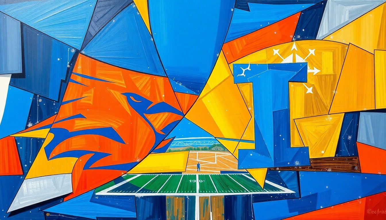 A cubist, geometric painting depicting a football game between Boise State and Idaho, with sharp, overlapping planes of blue, orange, silver, and gold representing the two teams' colors and the fractured, multi-perspective nature of the match.
