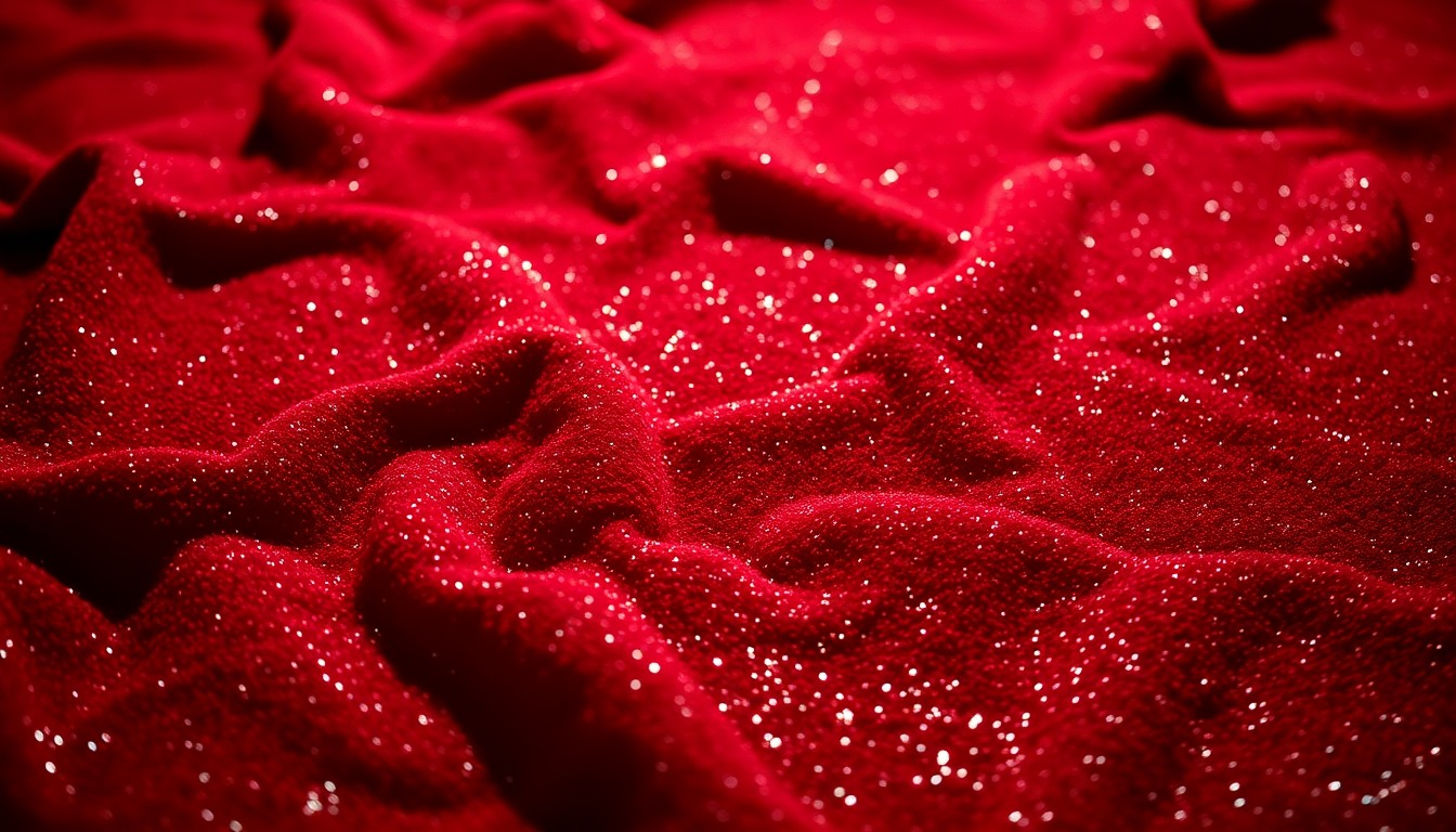 An extreme close-up photograph of a crumpled, glittering red carpet texture, captured in dramatic, high-contrast studio lighting to create a sense of glamour and high-stakes in the entertainment industry.
