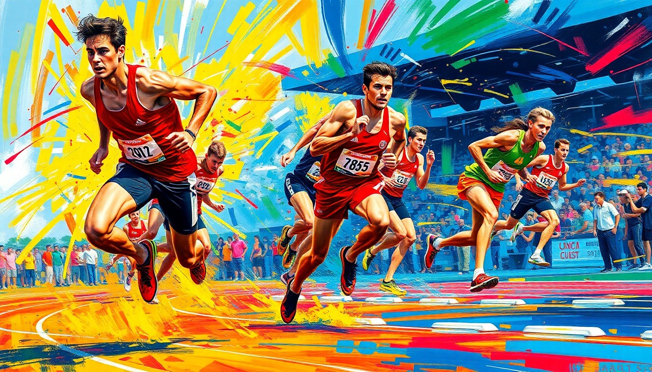 A vibrant, expressionist painting featuring dynamic, neon-colored brushstrokes that capture the raw energy and movement of track and field athletes competing at an event.