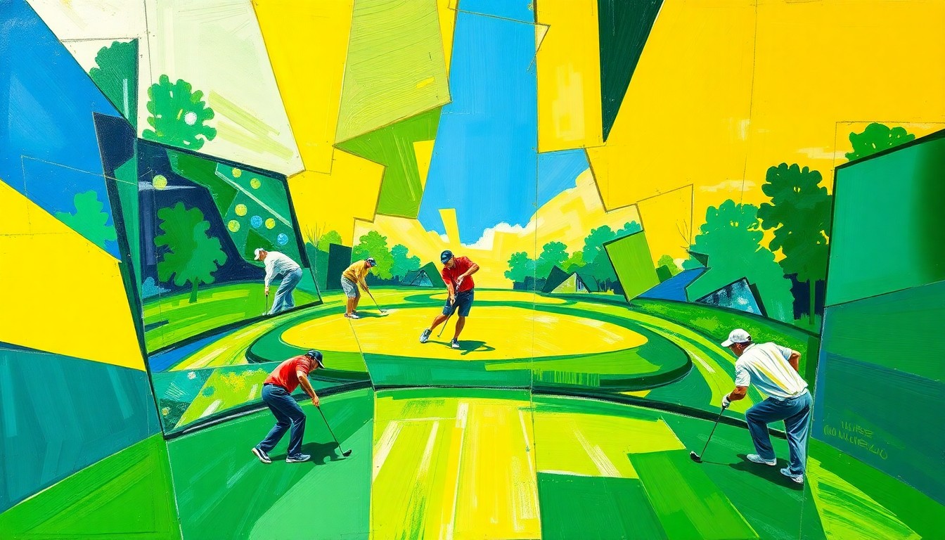 A fractured, geometric painting depicting a golf match, with overlapping planes of color and form representing the dynamic action of the competition.
