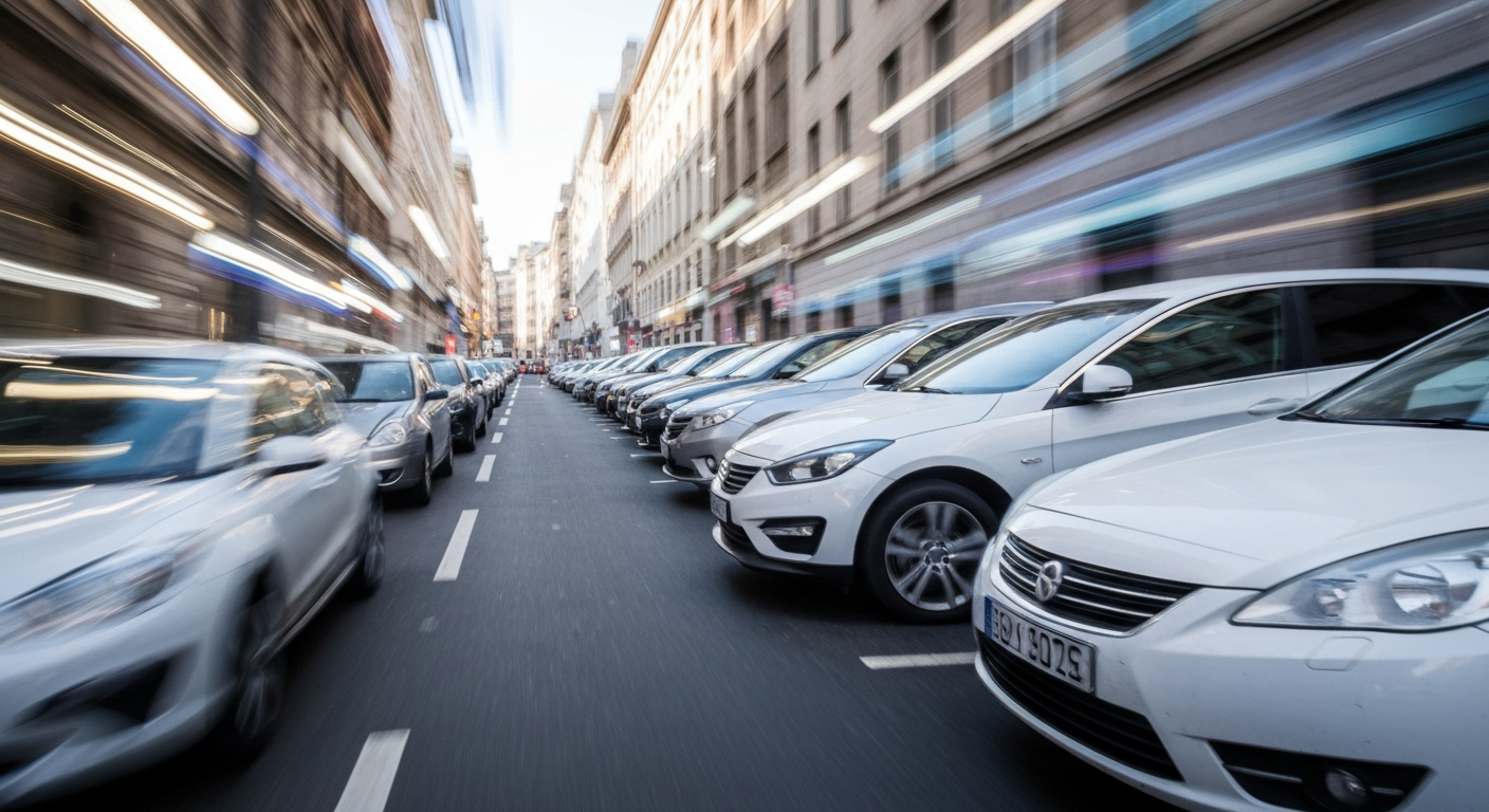 An abstract, impressionistic image of a row of parked electric vehicles on a city street, rendered as sweeping, colorful brushstrokes conveying a sense of motion and energy.