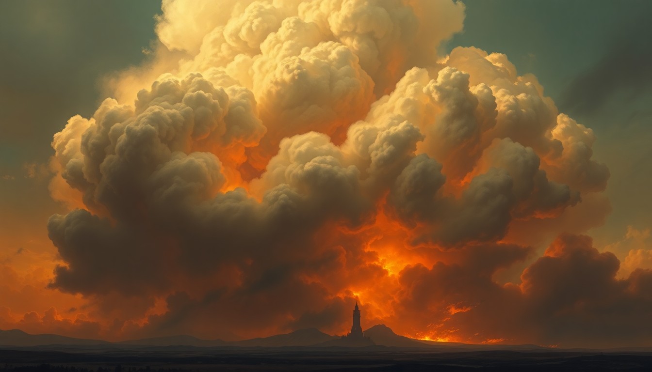 A sweeping, atmospheric landscape painting in muted tones of grey, orange, and black, depicting a towering plume of smoke and flames dwarfing the silhouette of a historic tower in the distance, conveying the overwhelming power of the natural disaster.