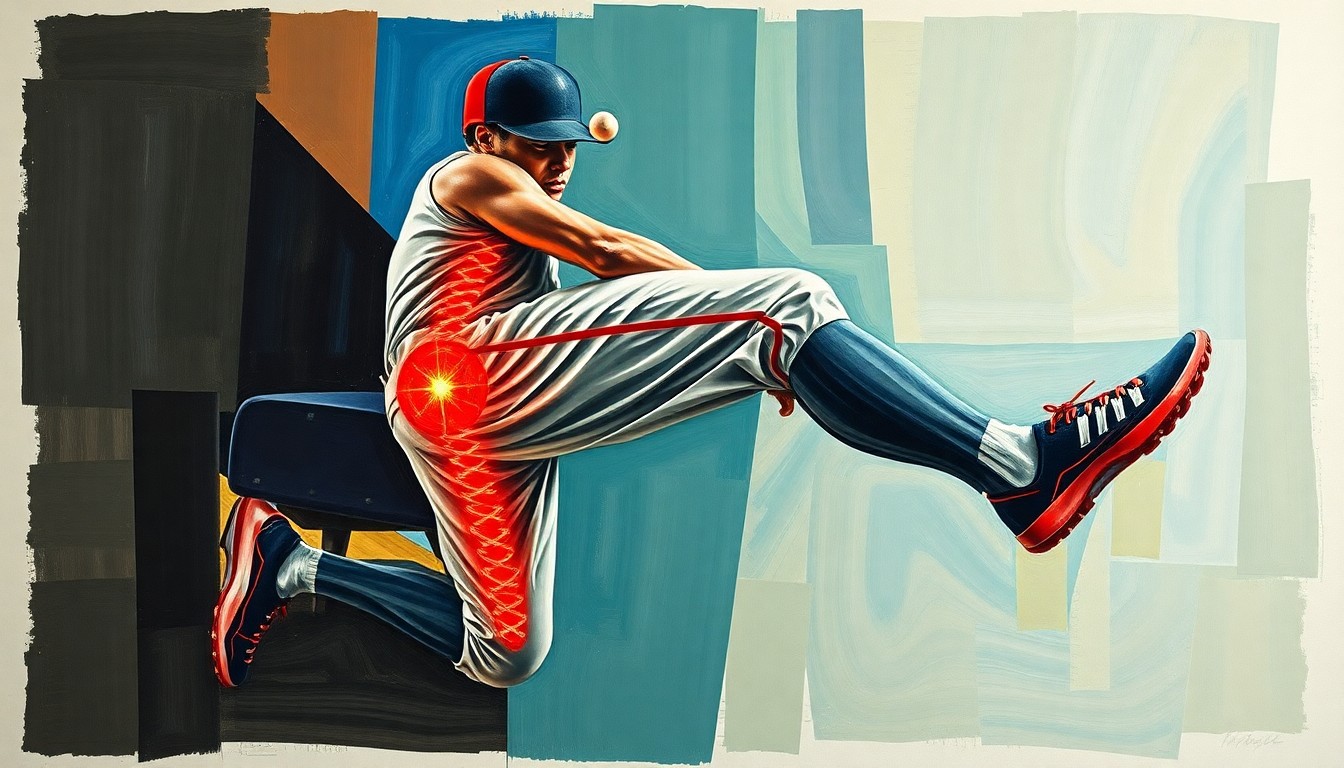 A fragmented, geometric painting depicting the complex physical and emotional aspects of a baseball player's hamstring injury, with sharp planes of color and form representing the various stages of the recovery process.