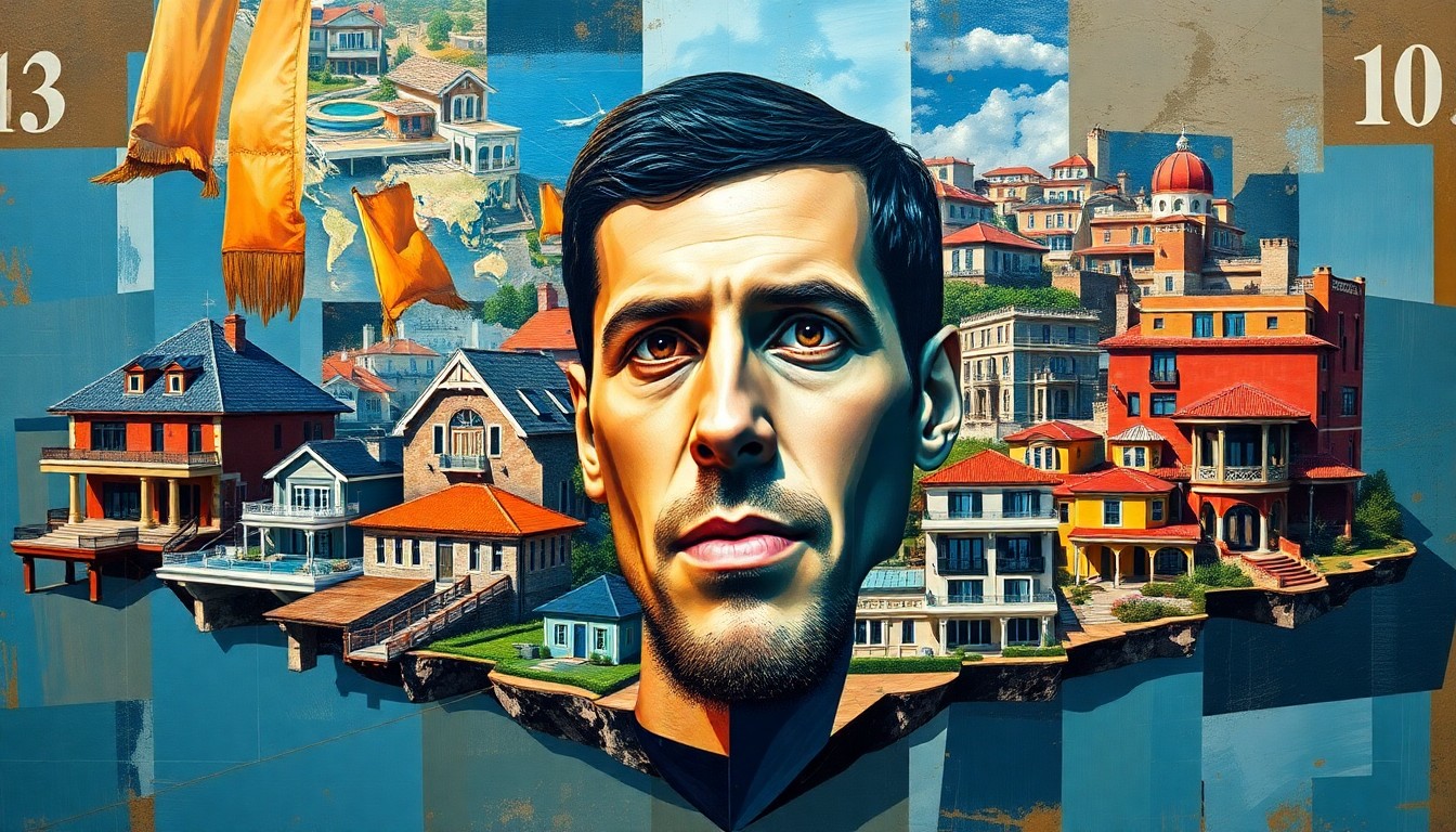 A cubist, geometric painting depicting Novak Djokovic's luxury real estate properties in Belgrade, New York, Miami, Marbella, and Monte Carlo, with sharp, overlapping planes of deep blue, rich red, and earthy brown colors conceptually representing his diversified property empire.