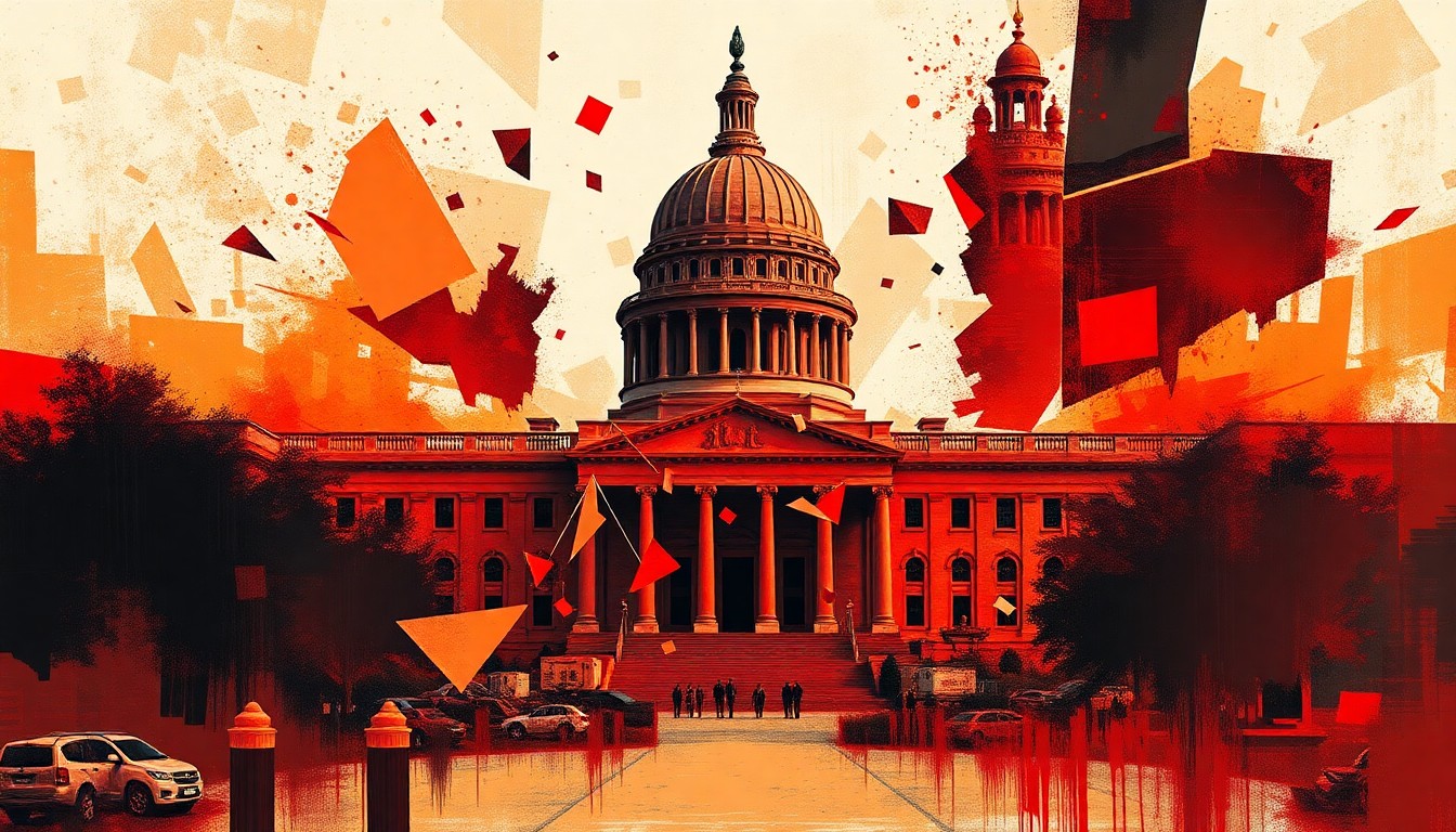 A fractured, abstract painting in shades of red, orange, and black depicting the crumbling facade of a government building or political symbol, conveying a sense of instability and the breakdown of political order.
