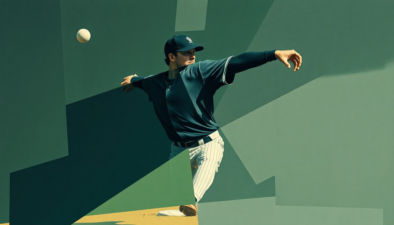 A fragmented, geometric painting in shades of navy, green, and gray, breaking down the motion of a baseball pitcher into sharp, overlapping planes, conveying the mental turmoil of a painful playoff defeat.