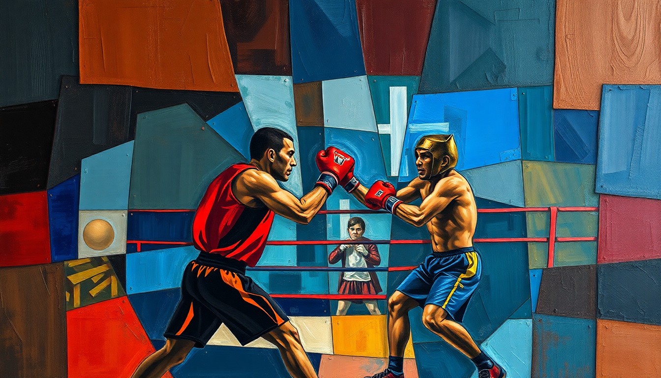A fragmented, geometric painting depicting a boxer in motion, with overlapping planes of color and form conveying the intensity and focus of the sport.