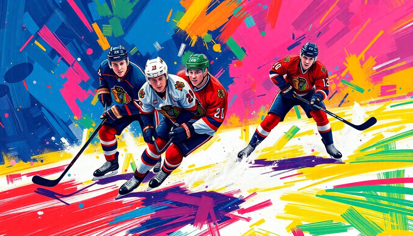 An energetic, abstract painting featuring bold brushstrokes in neon shades of blue, green, and red, capturing the fluid motion and intensity of hockey players on the ice.
