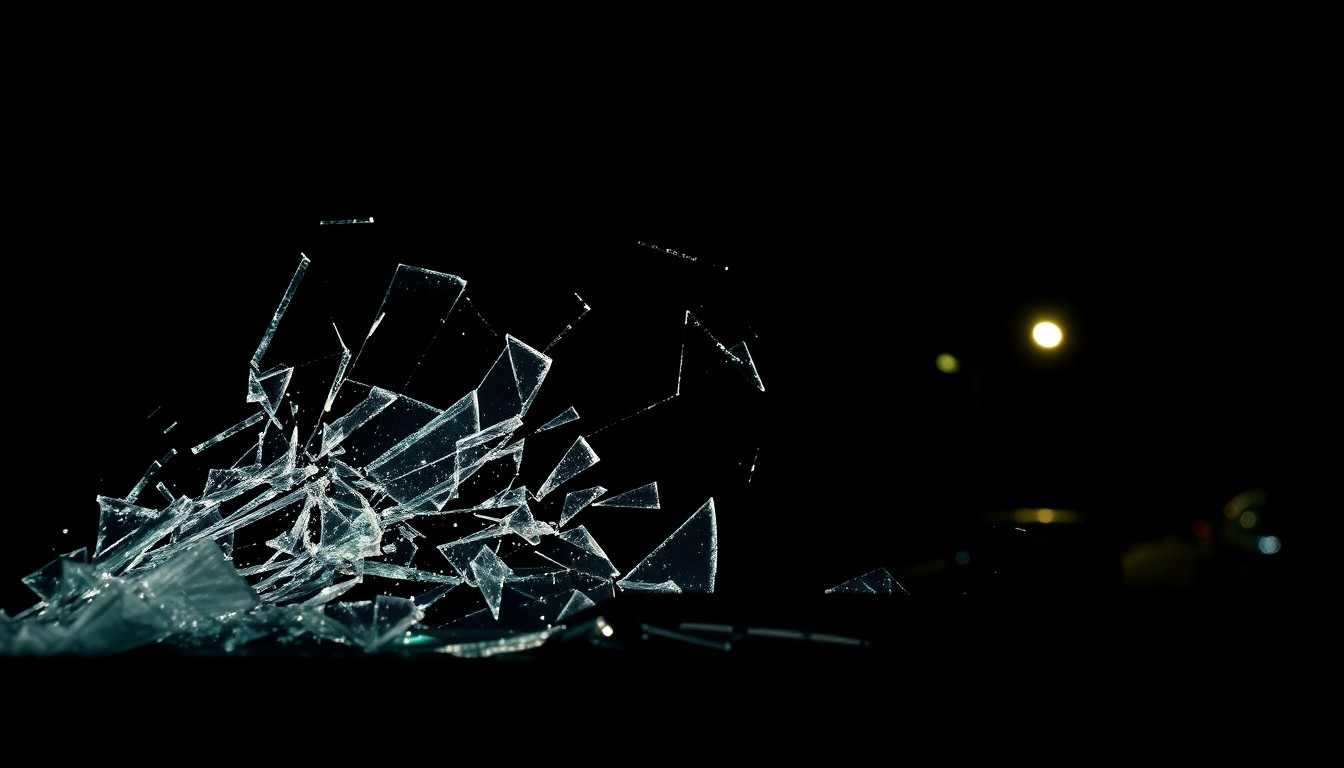 An extreme close-up photograph of shattered glass from a traffic collision, with dramatic shadows and highlights created by the harsh flash lighting, conveying a sense of the violence and aftermath of the incident.