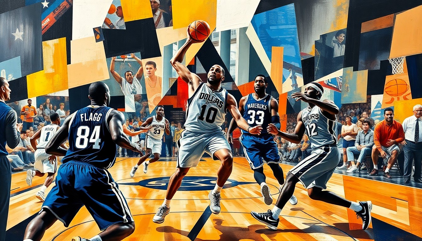 A fractured, geometric painting depicting the fast-paced action of a basketball game, with the players' movements and energy captured through overlapping planes of color and shape.