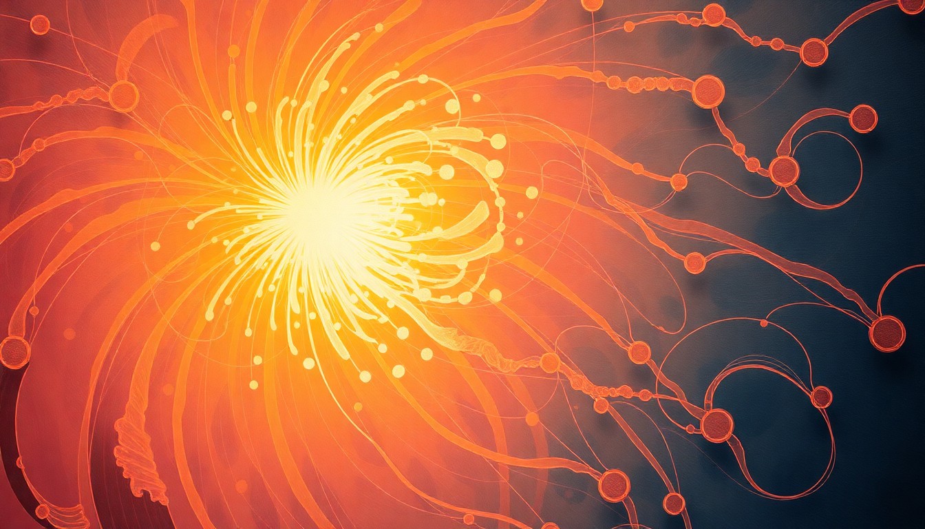 A bold, abstract painting in soft shades of orange, pink, and blue, featuring sweeping geometric arcs, concentric circles, and precise spirals, conceptually representing the mesmerizing 'jellyfish' effect created by the Falcon 9 rocket's plume illuminated by pre-sunrise light.