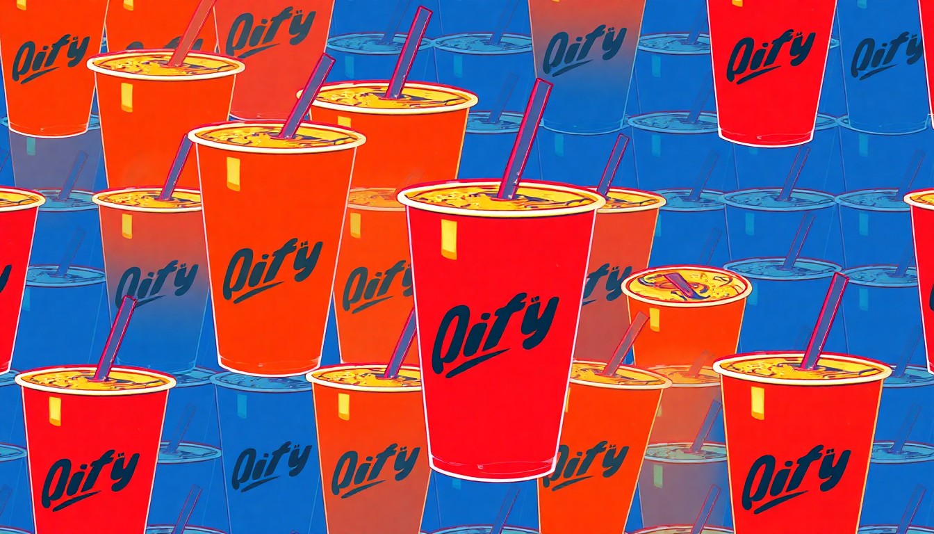A bold, vibrant silkscreen print featuring a repeating pattern of a single dirty soda cup in neon pink, yellow, and blue hues, conceptually representing the trendy new beverage trend sweeping Wyoming.