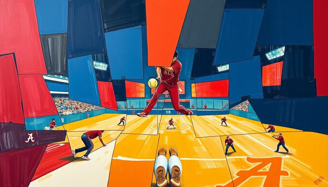 A cubist, geometric painting in shades of crimson and navy blue, capturing the dynamic motion and energy of a softball game through fragmented, overlapping shapes and planes.