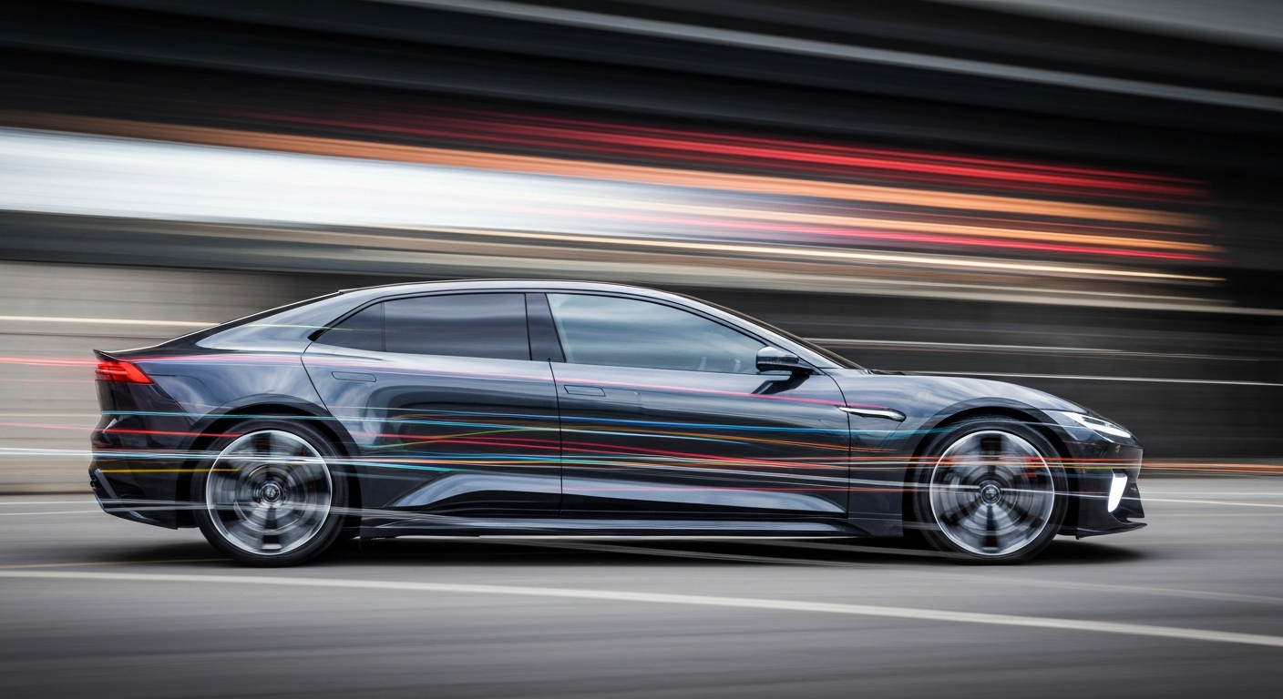 An abstract, colorful image depicting a high-speed electric vehicle in motion, with blurred lines and shapes conveying a sense of power and technological innovation.