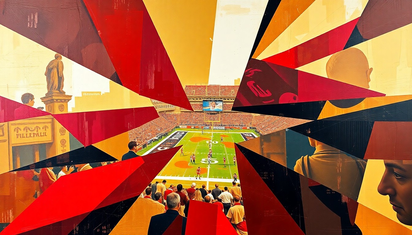A cubist-style painting depicting a fragmented and geometric interpretation of a 49ers football game, with sharp planes of red, gold, and black conveying the intricate and unpredictable nature of the team's draft plans.