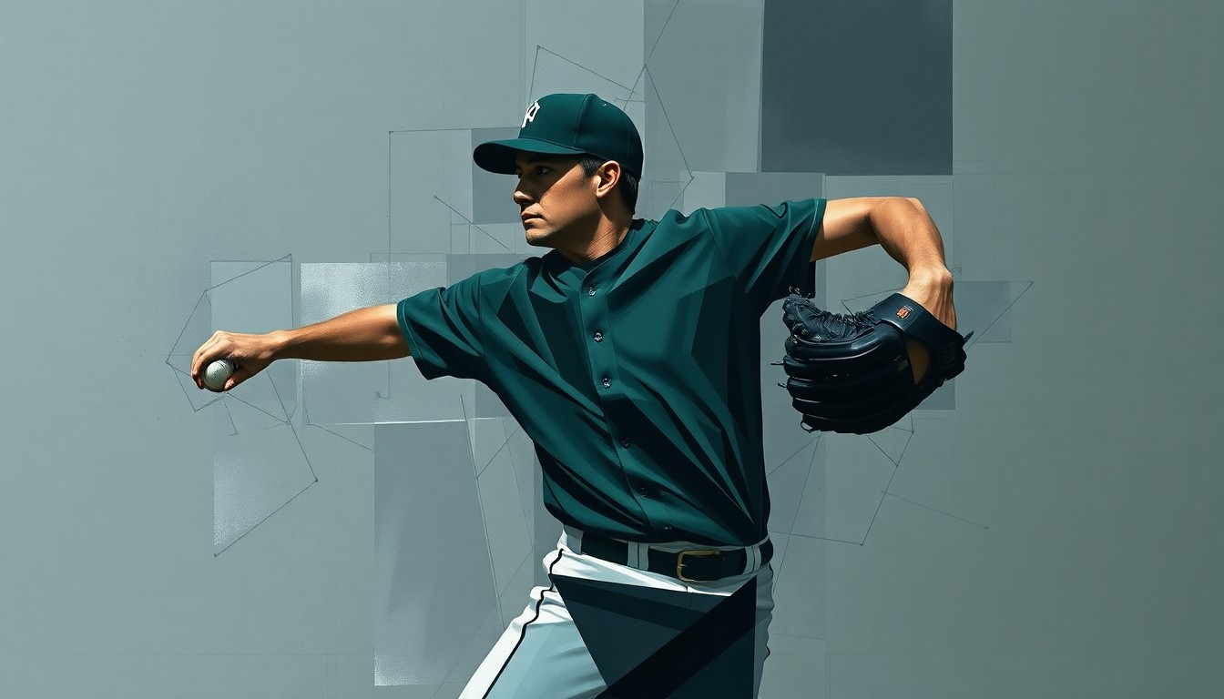 A cubist, geometric painting depicting a baseball pitcher's delivery broken down into fragmented, overlapping planes of navy, forest green, and charcoal grey, conveying the complex adjustments required for international players to succeed in the MLB.