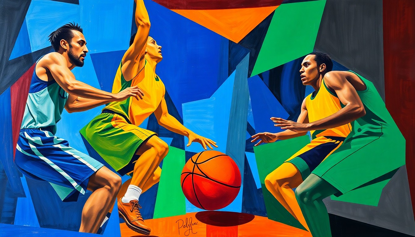 A fragmented, multi-perspective painting in bold, vibrant colors that captures the energy and dynamism of a basketball game, with players' bodies and the ball reduced to abstract geometric shapes and planes.