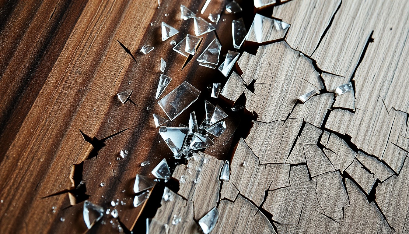 An abstract close-up image featuring shattered glass and splintered wood textures, conveying the fractured corporate culture and legal battles within the entertainment industry.