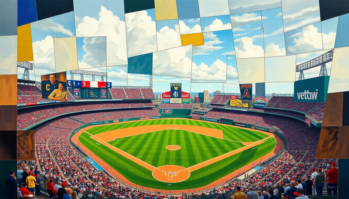 A fragmented, geometric painting depicting a baseball game, with the players and field broken down into sharp, overlapping shapes and planes of color, capturing the raw energy and dynamics of the sport.