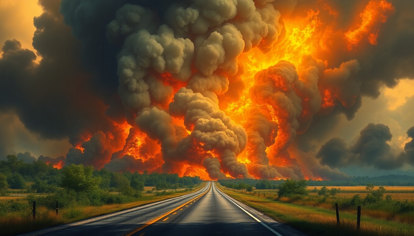 A sweeping, atmospheric landscape painting depicting a massive wall of smoke and flames consuming a rural Florida highway, with the road and surrounding vegetation dwarfed by the overwhelming power of the natural disaster.