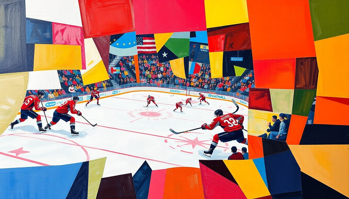 A cubist-style painting depicting a hockey game, with the players and the rink broken down into sharp, overlapping geometric shapes in the colors of the Capitals and their division rivals. The image conveys the intensity and unpredictability of the division race.