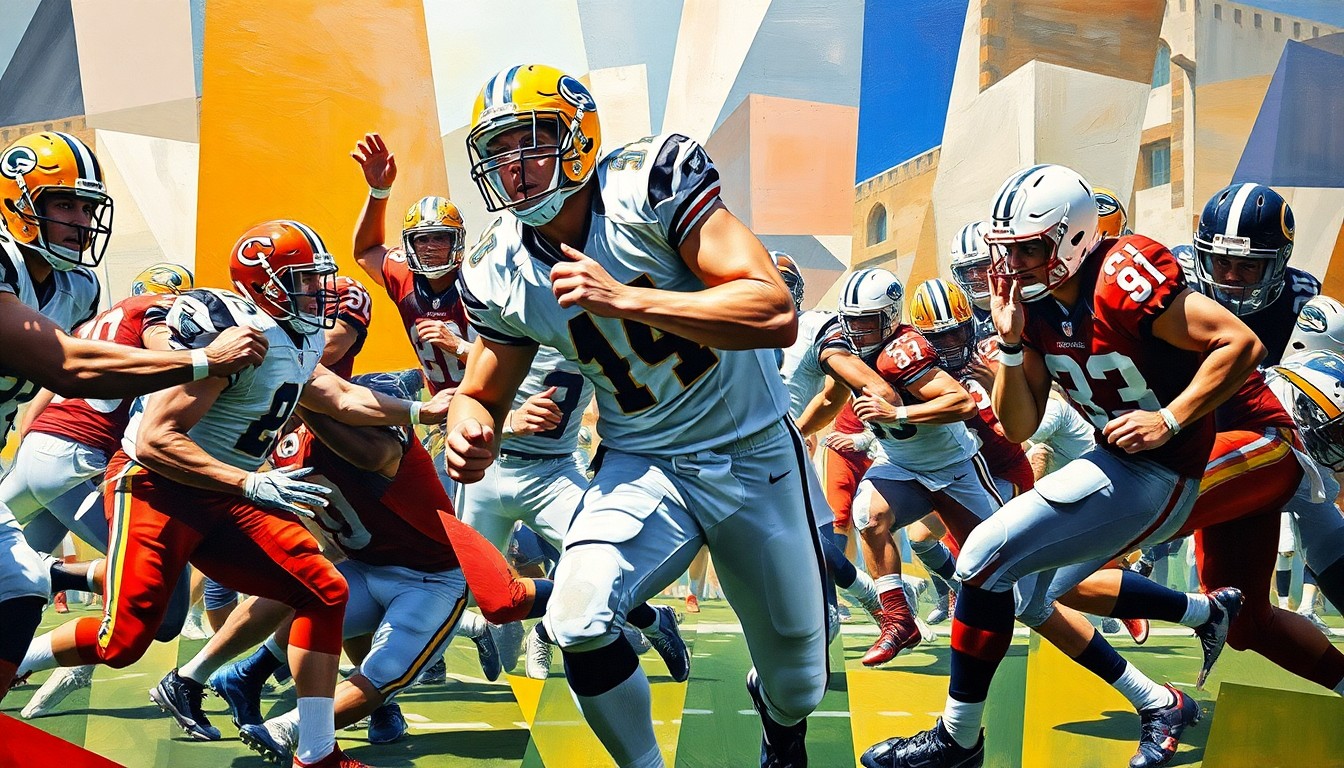 A fragmented, geometric painting depicting the raw energy and movement of a football game, with the players' identities obscured, representing the tension between individual expression and collective responsibility in sports.