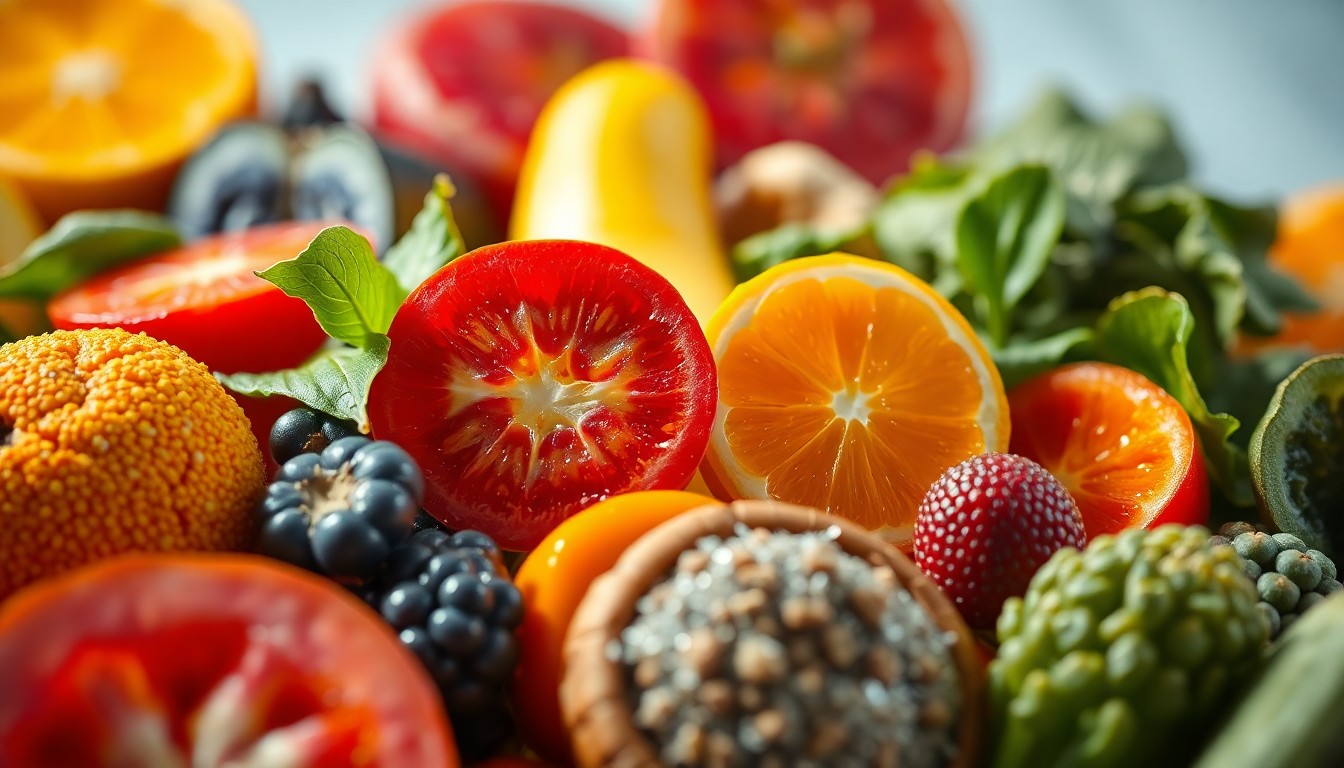 An extreme close-up of lush, textured organic produce and natural health products shot in dramatic studio lighting, conceptually representing the joyful energy of a community festival.