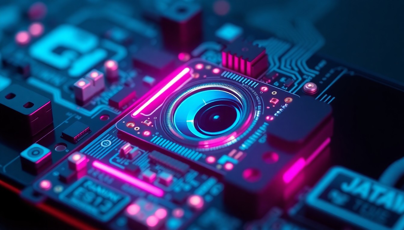 A highly detailed, glowing 3D illustration of a futuristic smartphone camera module, with intricate circuitry and neon cyan and magenta lights, conceptually representing the advanced imaging capabilities of the Samsung Galaxy S27 Pro.