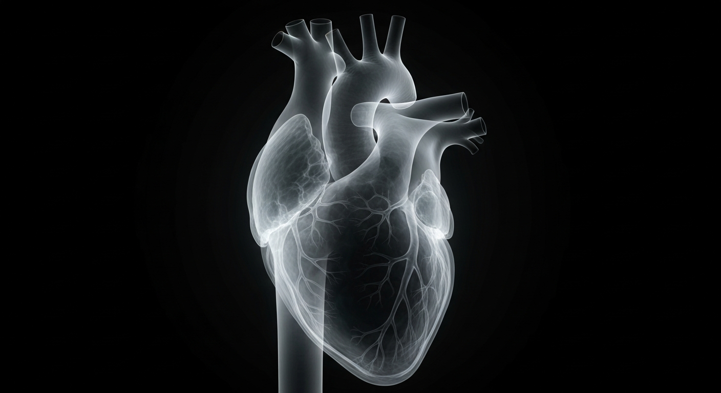 A ghostly, translucent X-ray photograph of a human heart, revealing its intricate internal structure in glowing lines against a dark background. The heart appears slightly enlarged, symbolizing the potential cardiovascular risks associated with long-term high-intensity exercise.