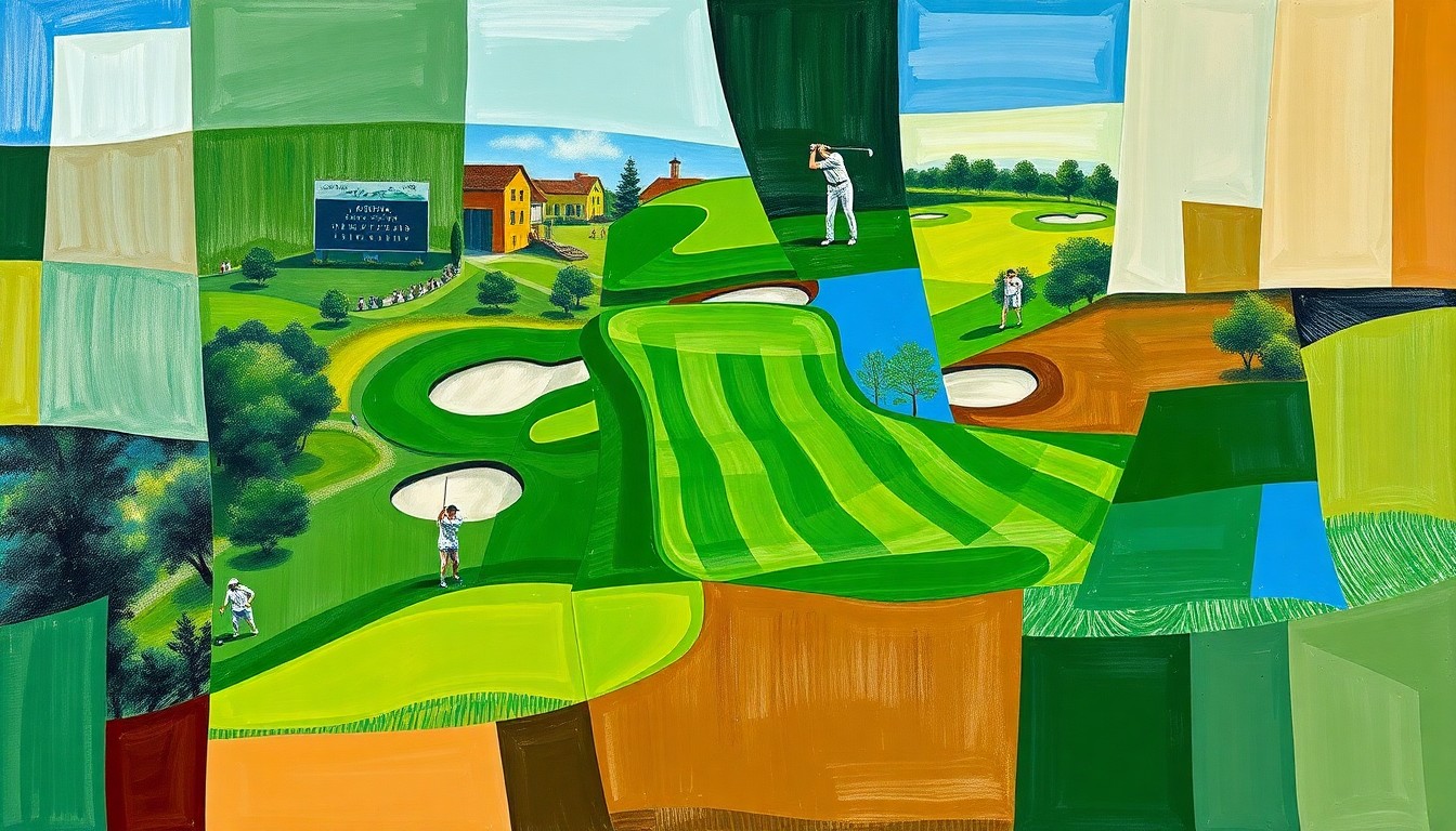A fragmented, geometric painting in vibrant shades of green, blue, and brown, depicting a golf course and players in an abstract, multi-perspective style, conveying the dynamic nature of the Masters Tournament.