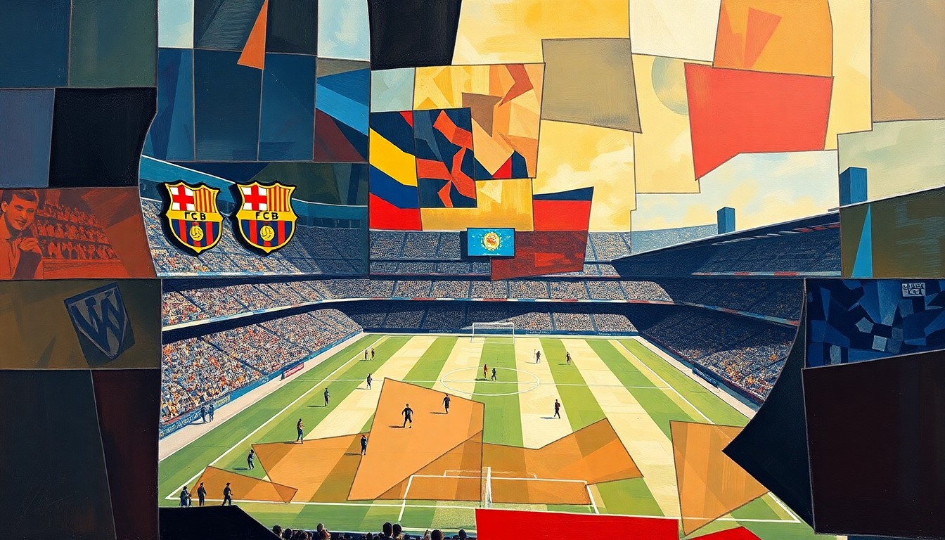 A cubist, geometric painting depicting a soccer match between Barcelona and Atletico Madrid, with the players and field broken down into overlapping, angular shapes and planes of color.