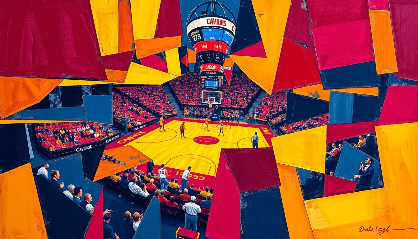 A fragmented, cubist-style painting depicting a basketball game in motion, with the players and court broken down into sharp, geometric shapes in the Cavaliers' team colors of red, gold, and blue, conveying the challenges the team faces in managing injuries and maintaining competitiveness.