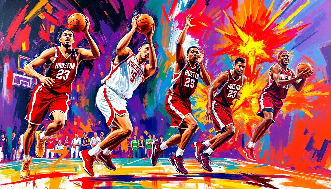 An abstract, expressionist painting in vibrant neon colors depicting the intense energy and movement of a basketball game, with the Rockets' and Suns' colors clashing and blending together in a dynamic, unrecognizable composition.