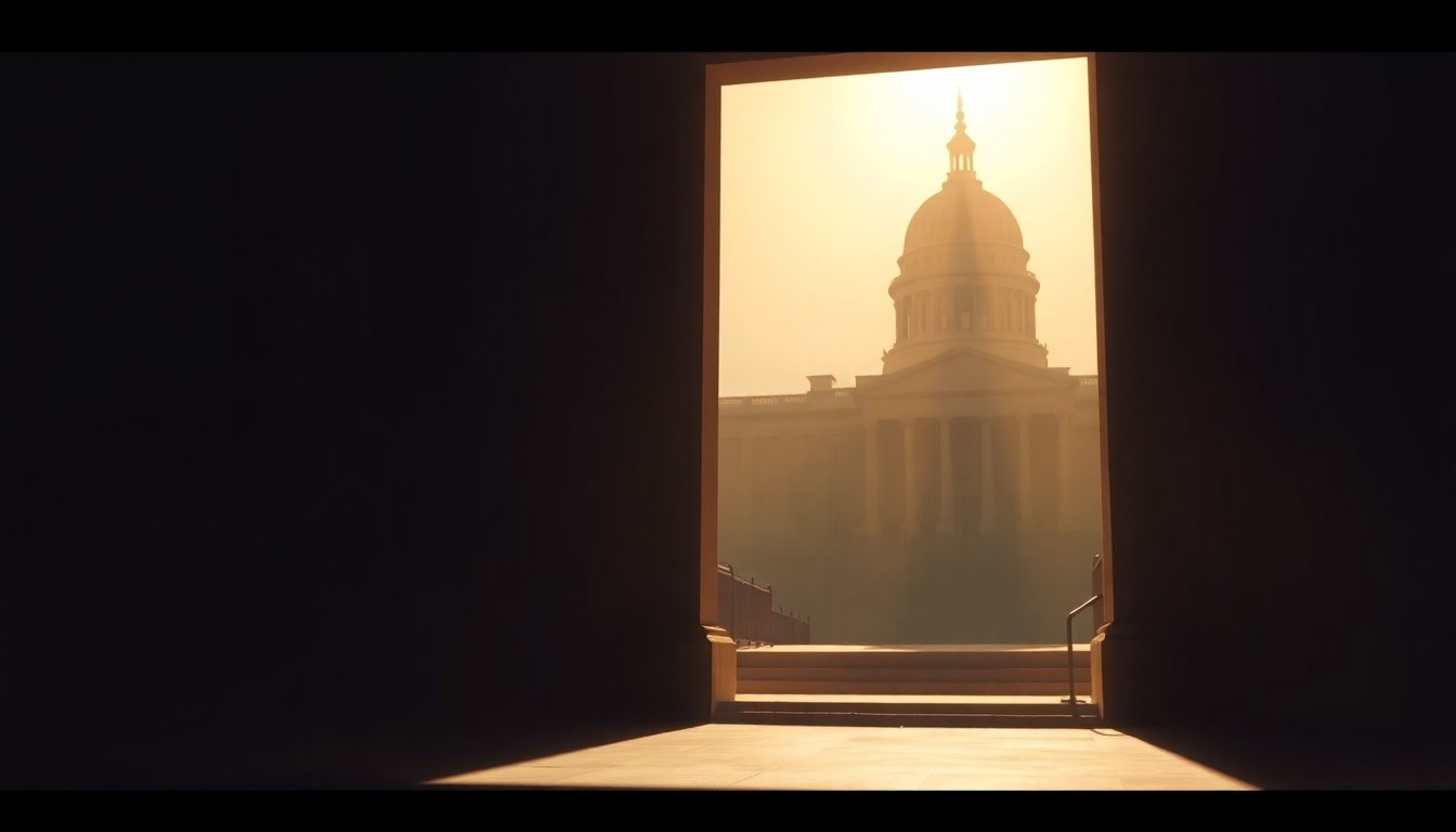 A moody, cinematic painting depicting a solitary government building or political figure in warm, diagonal sunlight, conceptually representing the delicate balance of power and diplomacy in the Middle East.
