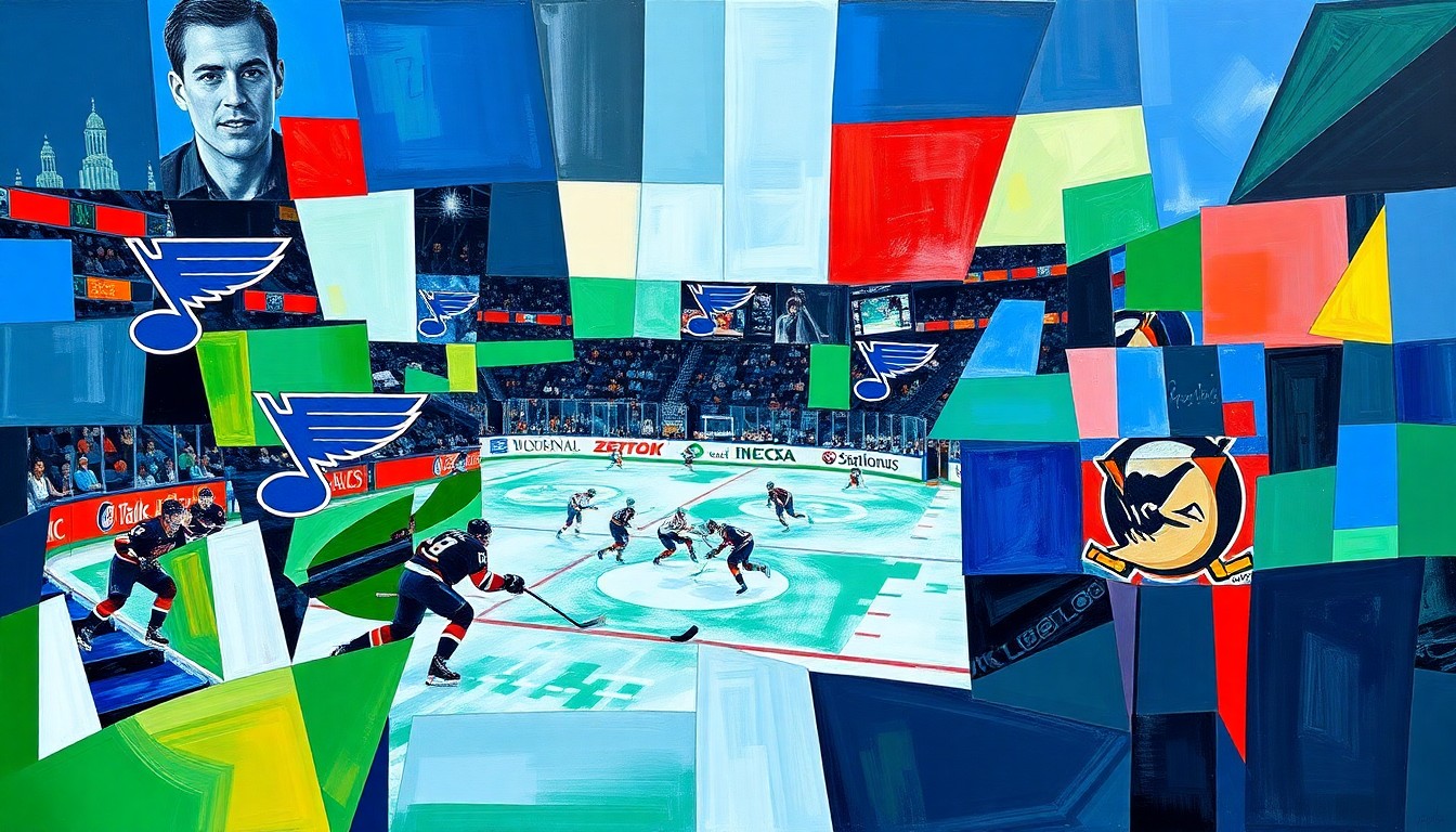 A fractured, multi-perspective painting in vibrant blues, greens, and reds, breaking down a hockey game between two teams into sharp, overlapping geometric planes, conceptually representing the intensity of the playoff race.