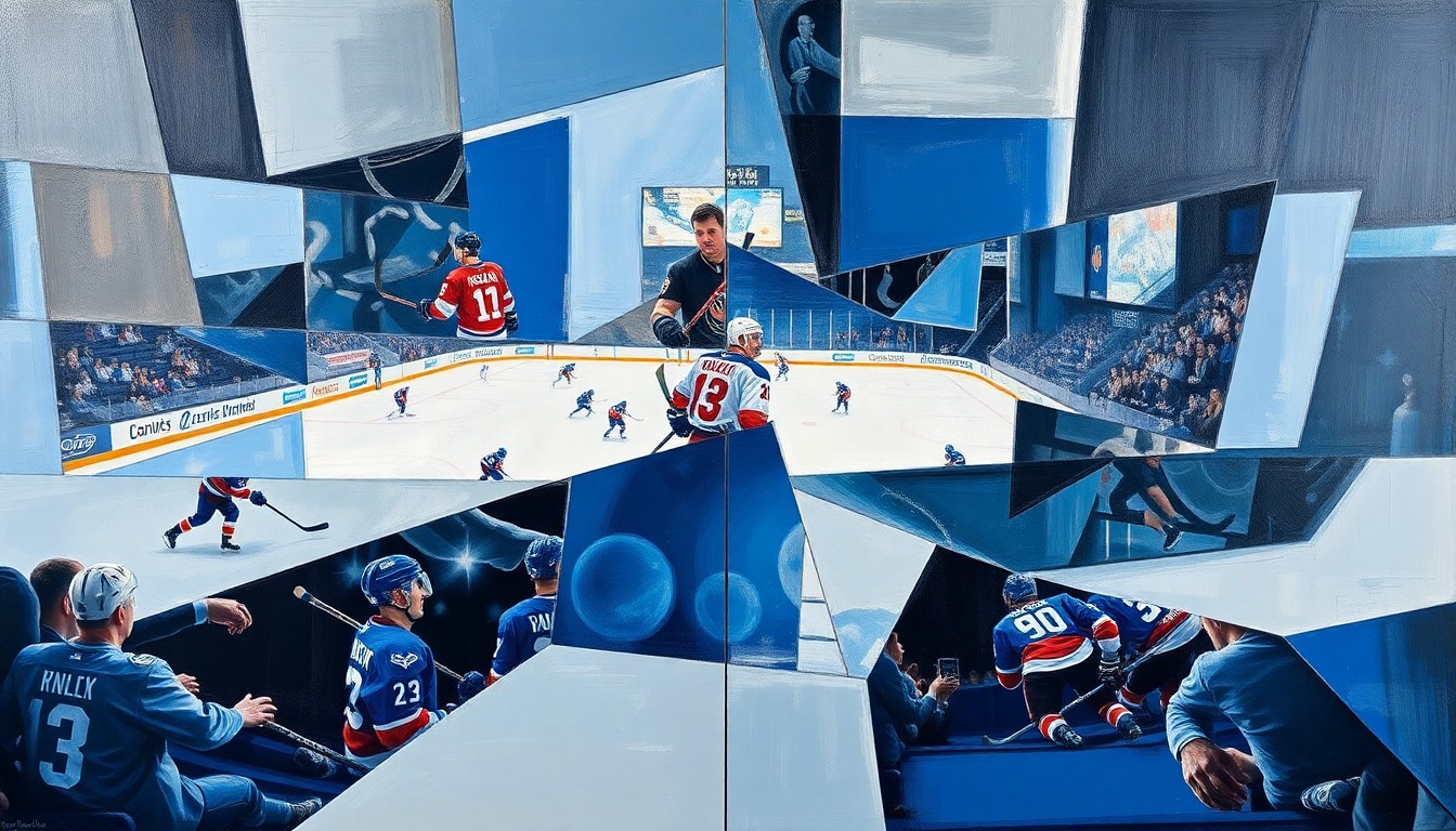 A cubist-style painting depicting a hockey game between the Vancouver Canucks and New York Islanders, with the players and action broken down into sharp, overlapping geometric shapes and planes, creating a sense of movement and energy.