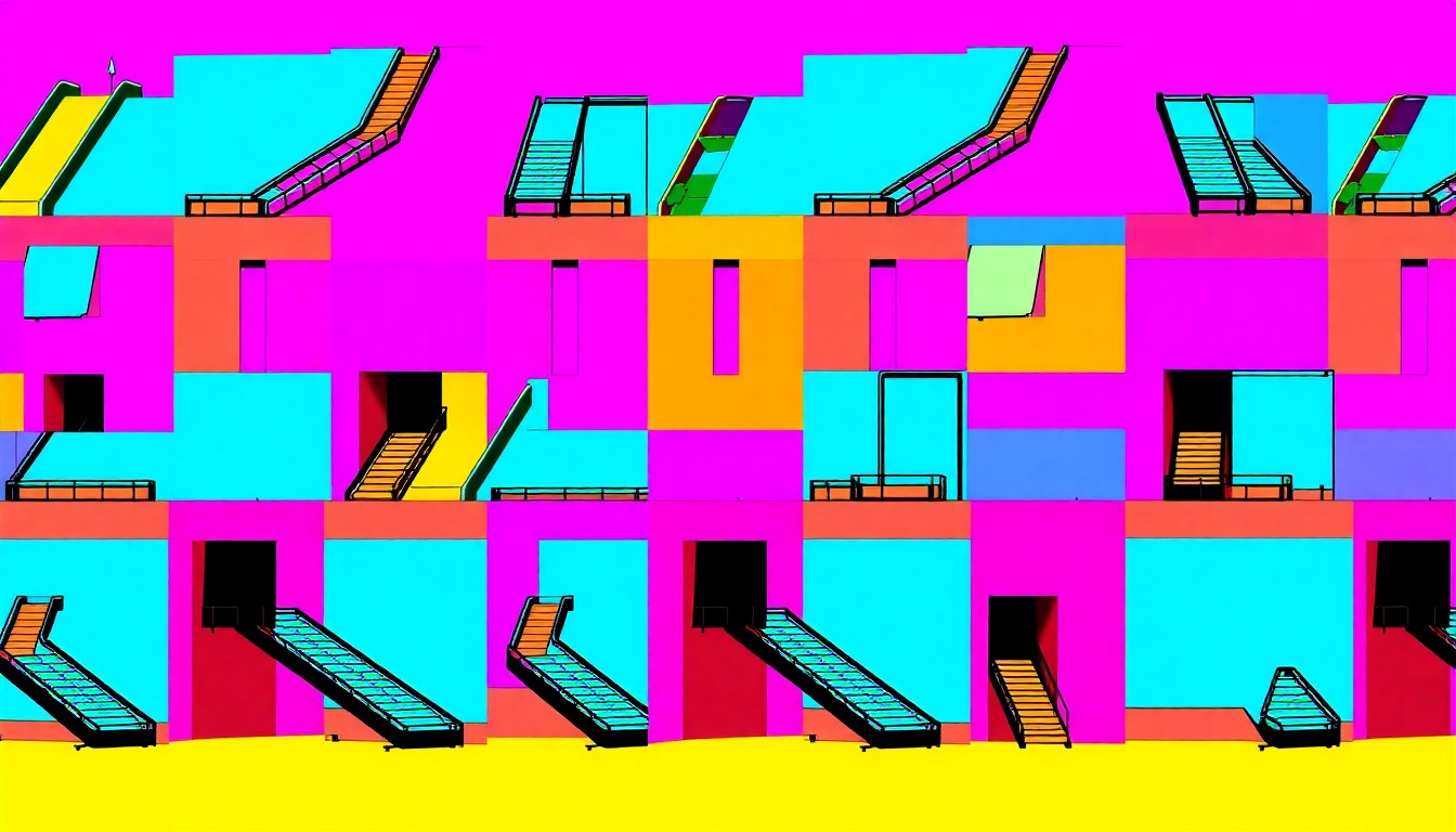 A brightly colored, high-contrast silkscreen print of a single, iconic architectural object such as a colorful ramp or repurposed building material, repeated in a tight grid pattern to create a modern pop art illustration representing the themes of the Chicago Architecture Biennial.