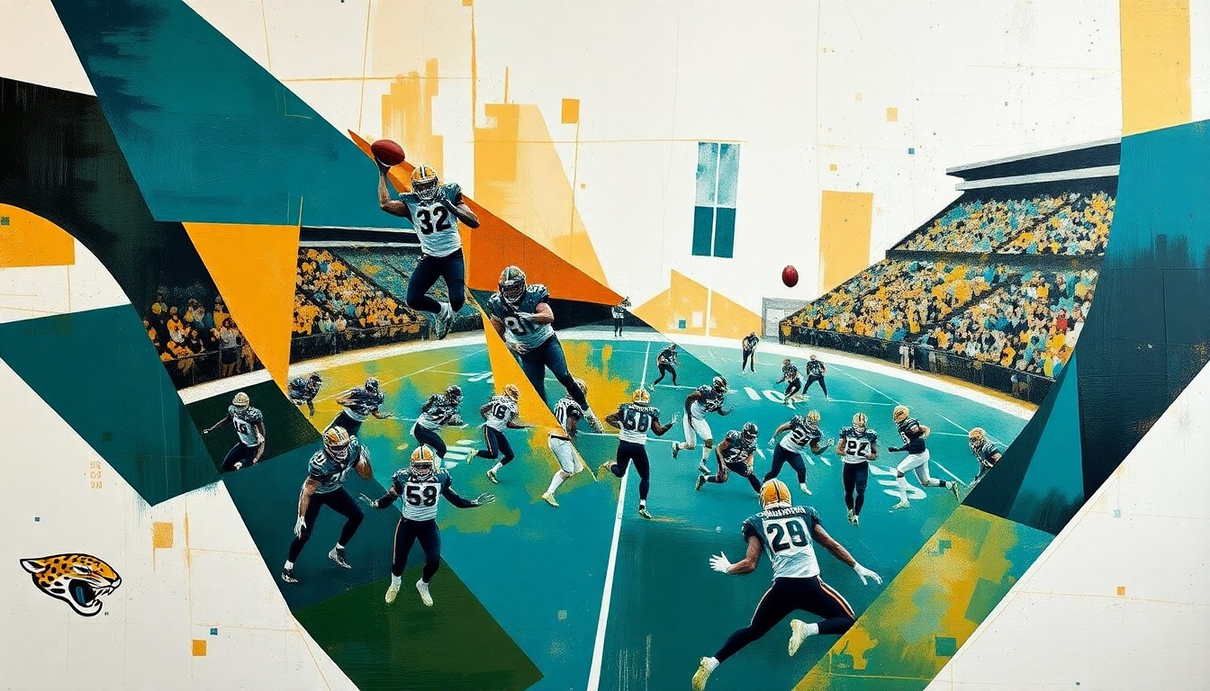 A cubist, geometric painting depicting a Jaguars football game broken down into overlapping planes of teal, gold, and white, capturing the fragmented and shifting nature of the team's temporary relocation.