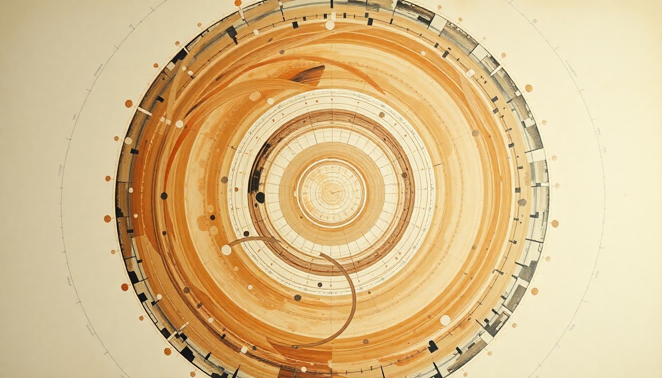 A highly structured abstract painting in soft, earthy tones, featuring sweeping geometric arcs, concentric planetary circles, and precise botanical spirals, conceptually representing the complex forces and concepts behind the Artemis II mission to the Moon.