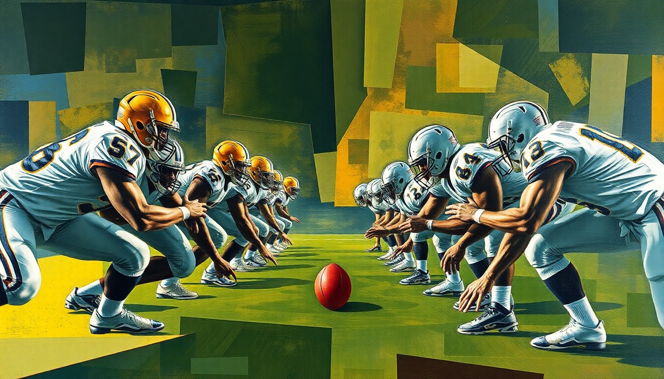 A cubist-style painting depicting the fragmented and overlapping geometric shapes of a football offensive line, symbolizing the complexity of rebuilding the Detroit Lions' interior offensive line.