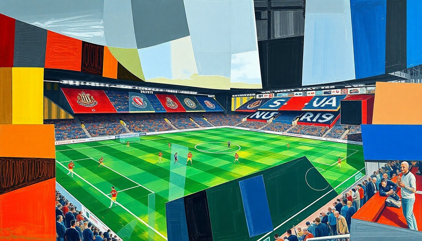 A cubist-style painting depicting a fragmented and overlapping scene of a Newcastle United match or training session, with sharp geometric shapes and planes representing the club's internal divisions and the high-pressure decisions it faces in the coming months.