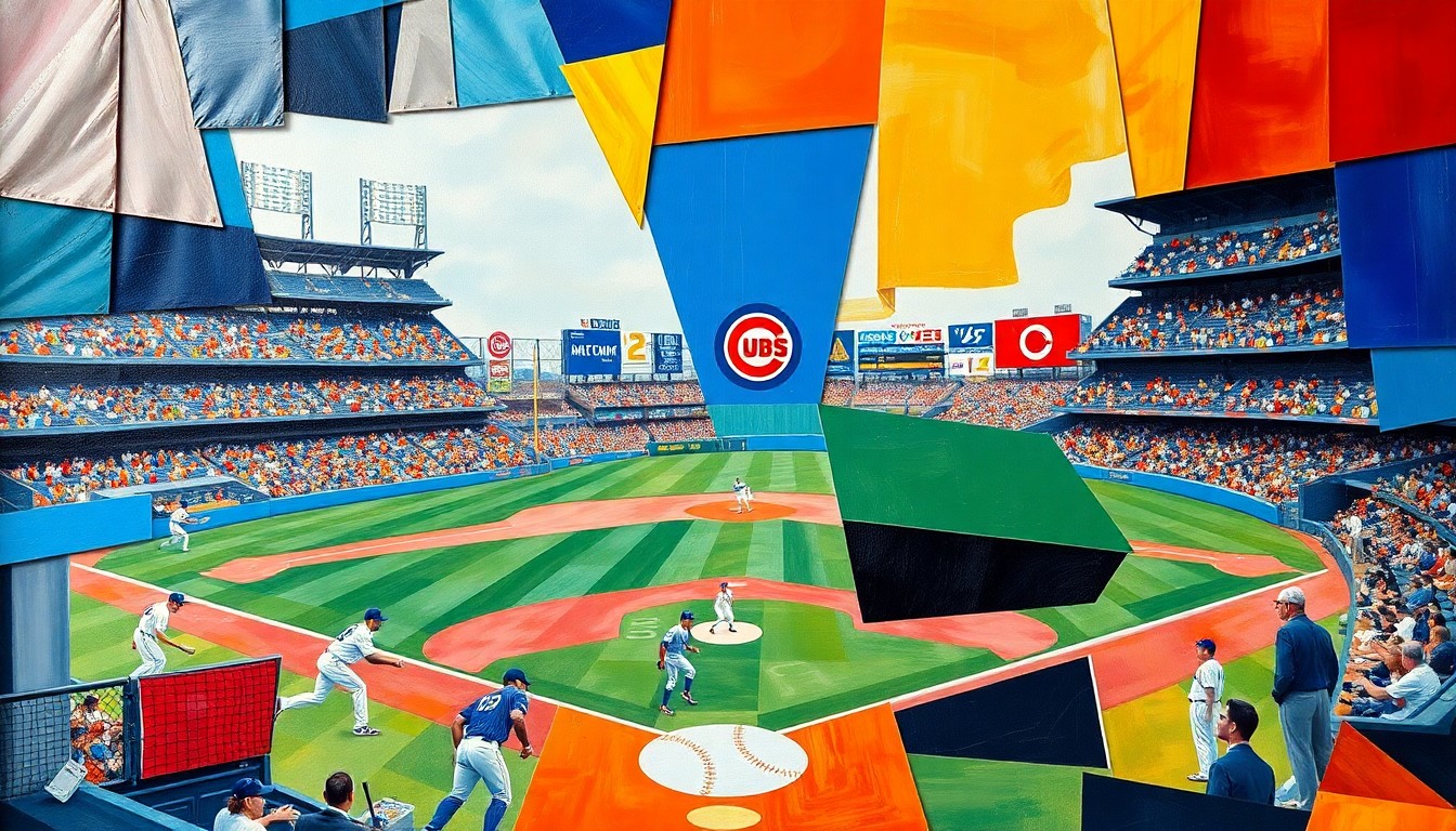 A fractured, cubist-style painting depicting a baseball game or match, with the players and field broken down into abstract geometric shapes and planes of color, capturing the dynamic tension and uncertainty surrounding the Cubs' roster decisions.