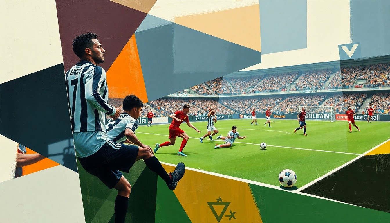 A cubist, geometric painting depicting a soccer match, with players and the field broken down into sharp, overlapping planes of color and shape, conveying the complex and ever-changing nature of the transfer market.